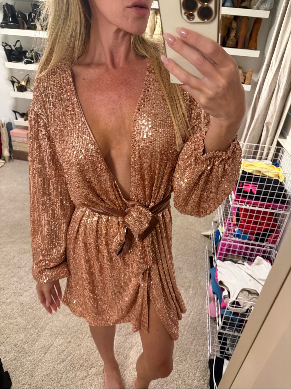 Vici Rose Gold Sequin Wrap Romper with Velvet Tie - Picture 6 of 8